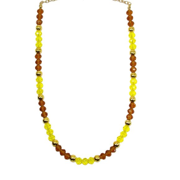 Yellow and brown all glass bead necklace mixed with polished gold beads. - Picture 2 of 8